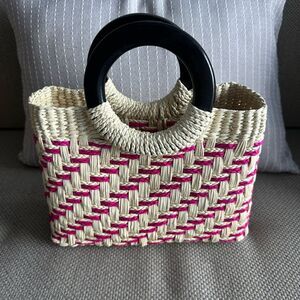PALMARA Ivory Fuchsia Black Round Wooden Handles Mini Woven Straw Tote Bag